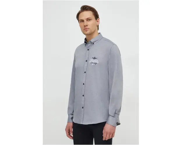 Aeronautica Militare camasa barbati, culoarea gri, cu guler button-down, regular