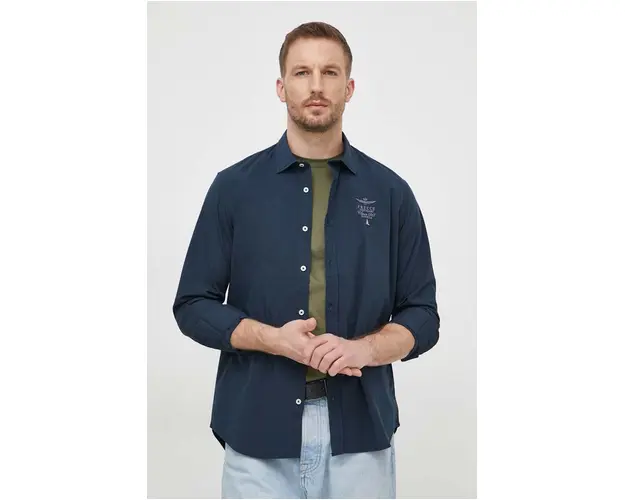 Aeronautica Militare camasa barbati, culoarea albastru marin, cu guler clasic, regular