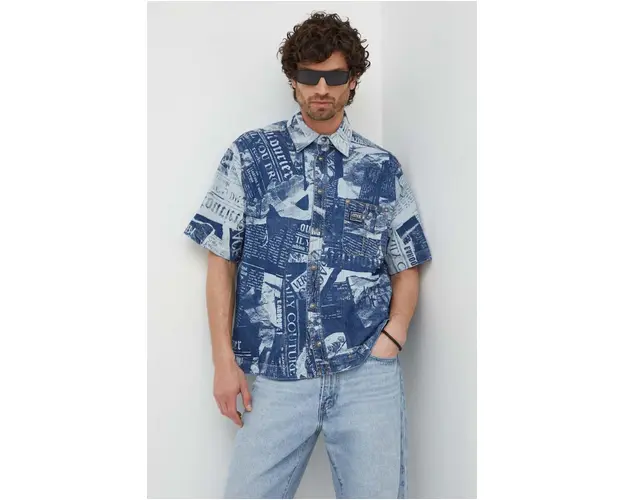 Versace Jeans Couture camasa barbati, culoarea albastru marin, cu guler clasic, relaxed