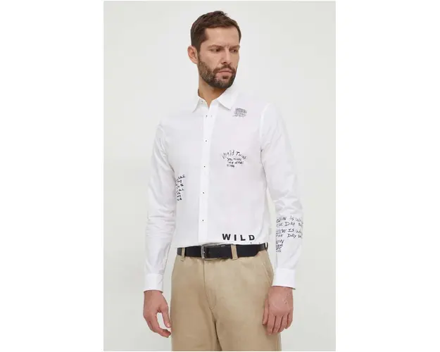 Desigual camasa din bumbac barbati, culoarea bej, cu guler clasic, regular