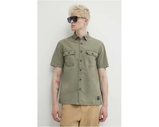 Superdry camasa din bumbac barbati, culoarea verde, cu guler clasic, regular