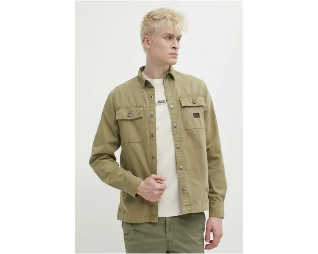 Superdry camasa din bumbac barbati, culoarea verde, cu guler clasic, regular