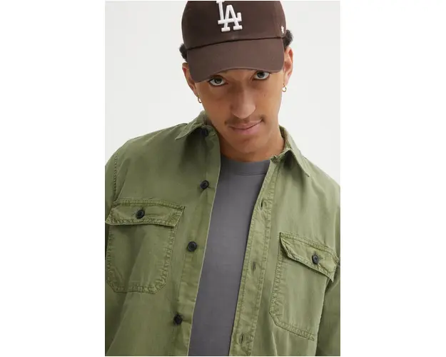 Superdry camasa din bumbac barbati, culoarea verde, cu guler clasic, regular