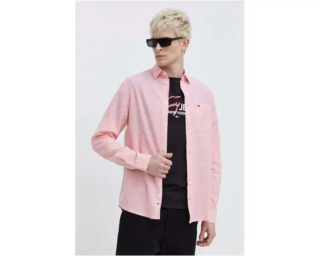 Tommy Jeans camasa din amestec de in culoarea roz, cu guler clasic, regular DM0DM18962