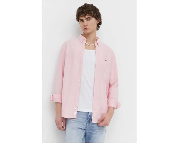 Tommy Jeans camasa din bumbac barbati, culoarea roz, cu guler button-down, regular DM0DM19134