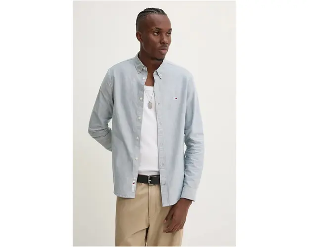 Tommy Jeans camasa din bumbac barbati, culoarea verde, cu guler button-down, regular