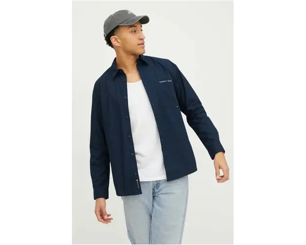 Tommy Jeans camasa din bumbac barbati, culoarea bleumarin, cu guler clasic, relaxed DM0DM18959