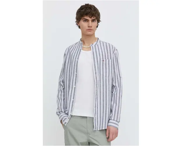 Tommy Jeans camasa din amestec de in culoarea bleumarin, cu guler stand-up, regular DM0DM18960