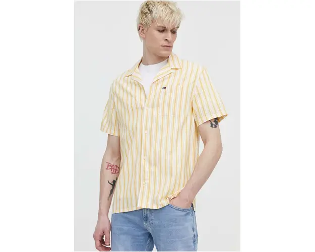 Tommy Jeans camasa din amestec de in culoarea galben, regular DM0DM18961