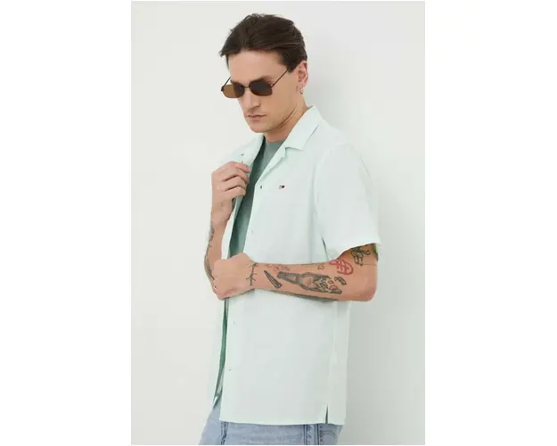 Tommy Jeans camasa din amestec de in culoarea verde, regular DM0DM18963