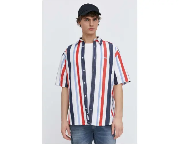 Tommy Jeans camasa din bumbac barbati, culoarea alb, cu guler clasic, relaxed, DM0DM18966