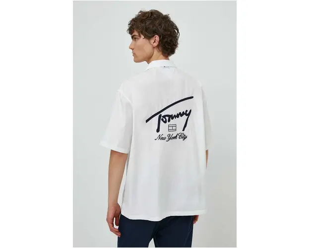 Tommy Jeans camasa din bumbac barbati, culoarea alb, relaxed, DM0DM19139