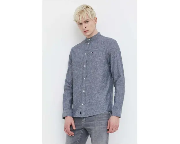 Tommy Jeans camasa din amestec de in culoarea gri, cu guler stand-up, regular DM0DM18964