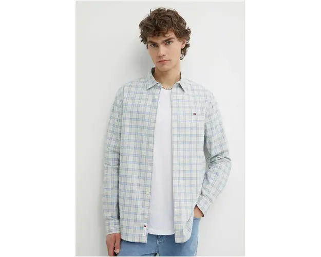 Tommy Jeans camasa din bumbac barbati, culoarea bej, cu guler clasic, regular, DM0DM18976
