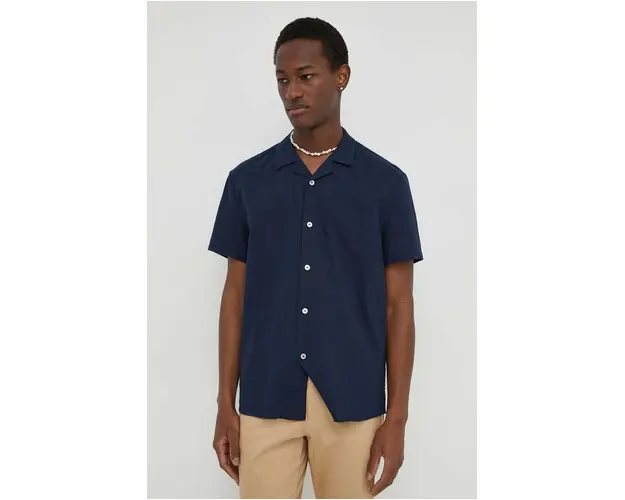 Bruuns Bazaar camasa din amestec de in culoarea albastru marin, regular