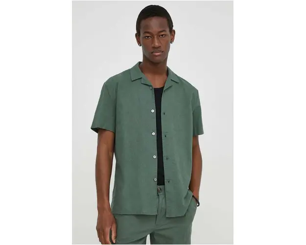 Bruuns Bazaar camasa din amestec de in culoarea verde, regular