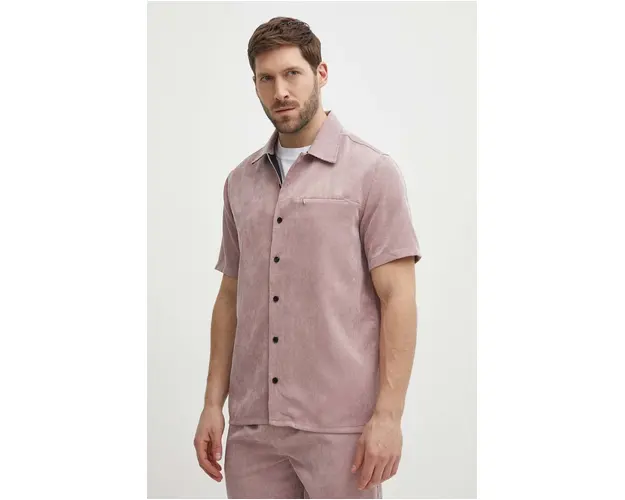 Picture camasa din velur Nollur culoarea roz, cu guler clasic, regular, MTS1014