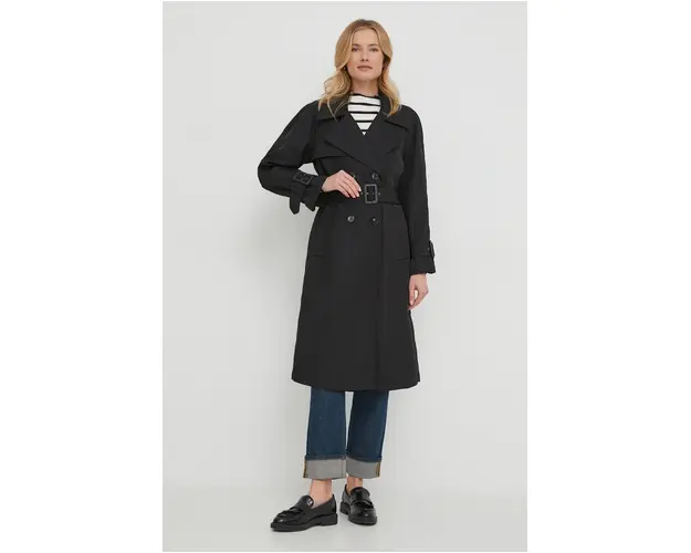 Sisley trenci femei, culoarea negru, de tranzitie, cu doua randuri de nasturi