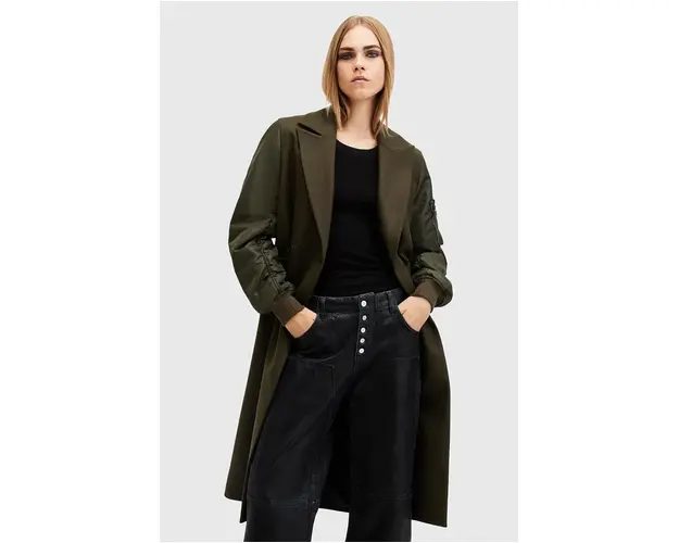AllSaints palton de lana PAULAH culoarea verde, de tranzitie, cu doua randuri de nasturi, W007OZ