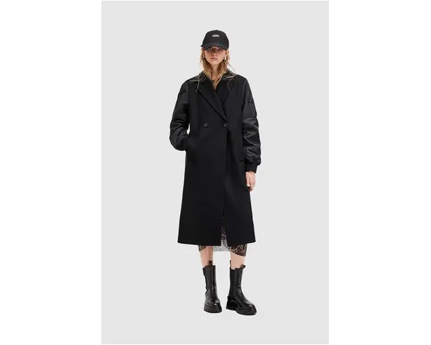 AllSaints palton de lana PAULAH culoarea negru, de tranzitie, cu doua randuri de nasturi, W007OZ