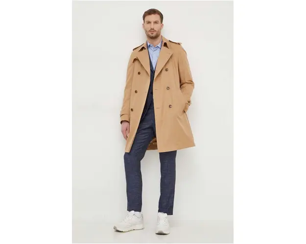 BOSS trench din bumbac culoarea bej, de tranzitie, cu doua randuri nasturi 50509585