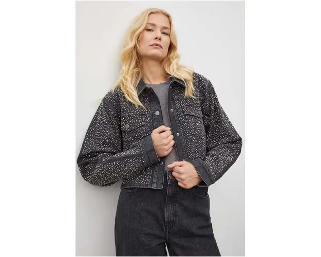 Gestuz geaca jeans femei, culoarea gri, de tranzitie, oversize