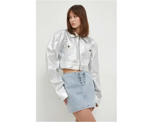 Rotate geaca jeans femei, culoarea argintiu, de tranzitie, oversize