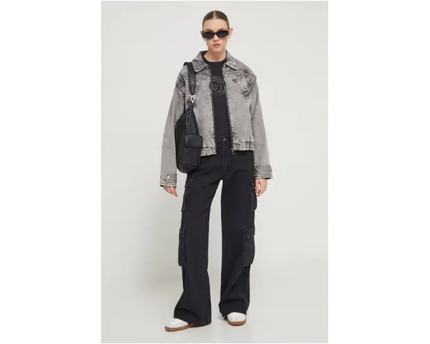 Desigual geaca jeans femei, culoarea gri, de tranzitie, oversize