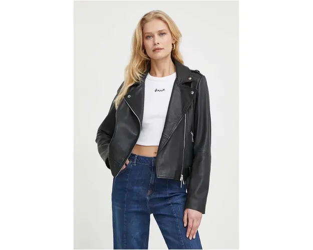 BOSS Orange geaca Ramones de piele femei, culoarea negru, de tranzitie 50510964