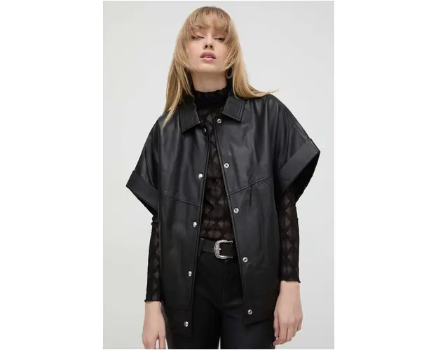 IRO camasa din piele cuoarea negru, cu guler clasic, relaxed