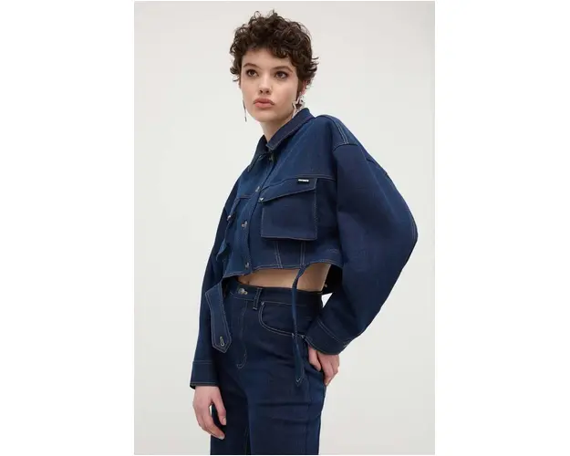 Rotate geaca jeans femei, culoarea albastru marin, de tranzitie, oversize