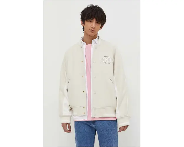 Tommy Jeans jacheta bomber din amestec de lana culoarea bej, de tranzitie DM0DM17884