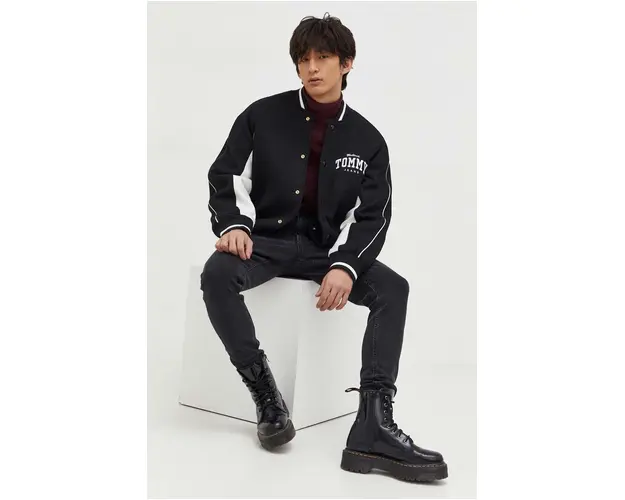 Tommy Jeans jacheta bomber din amestec de lana culoarea negru, de tranzitie DM0DM17884