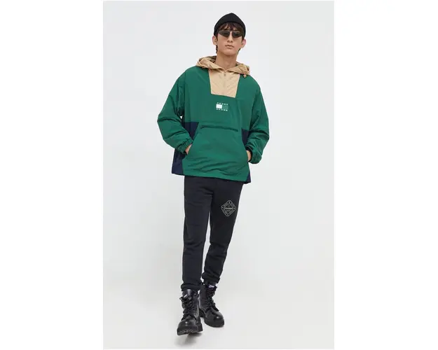 Tommy Jeans geaca barbati, culoarea verde, de tranzitie, oversize DM0DM18258