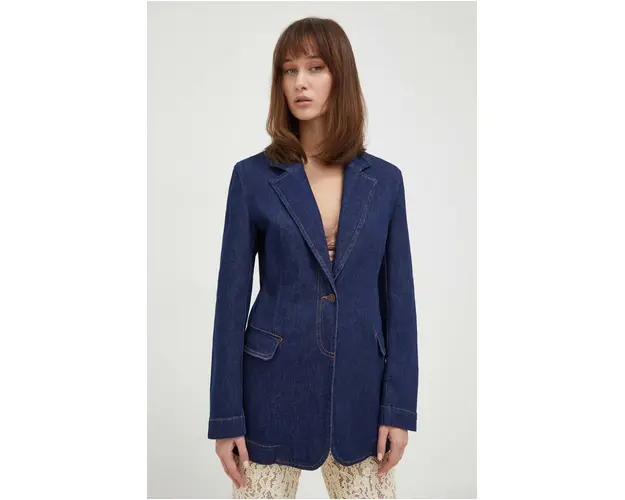 Moschino Jeans jacheta denim culoarea albastru marin, un singur rand de nasturi, neted