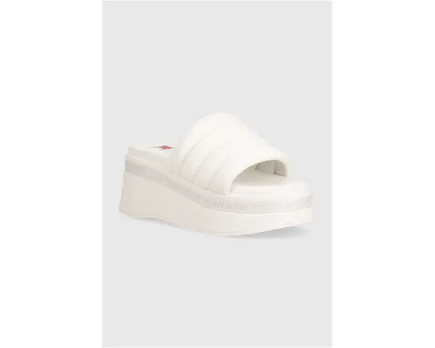 Tommy Jeans papuci TJW WEDGE SANDAL femei, culoarea bej, toc pana, EN0EN02455