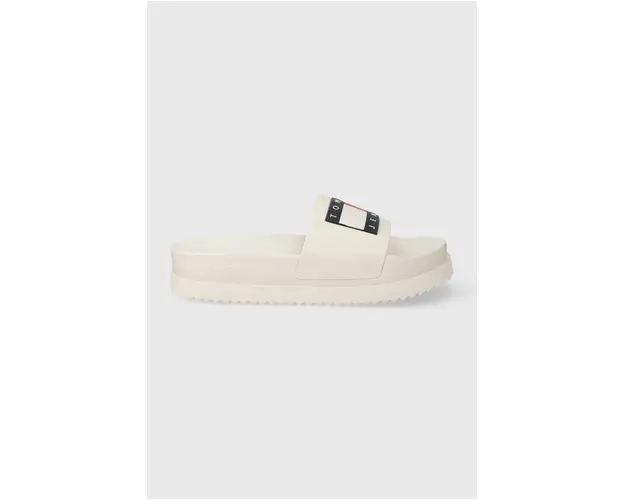 Tommy Jeans papuci TJW ELEVATED FLATFORM SLIDE femei, culoarea bej, cu platforma, EN0EN02451