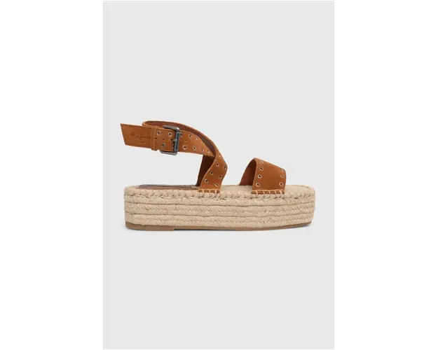 Pepe Jeans sandale din piele intoarsa PLS90657 femei, culoarea maro, cu platforma, TRACY ANTIQUE