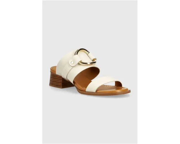 See by Chloé slapi de piele Hana femei, culoarea bej, cu toc drept, SB42082A