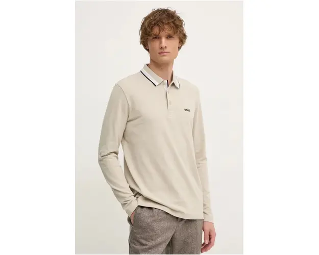 Boss Green longsleeve din bumbac culoarea bej, cu imprimeu, 50506191