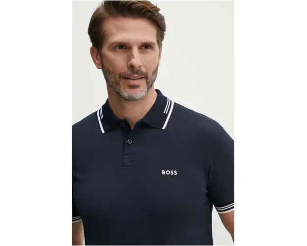 Boss Green tricou polo barbati, culoarea albastru marin, cu imprimeu