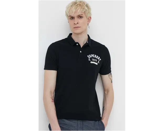 Superdry polo de bumbac culoarea negru, cu imprimeu