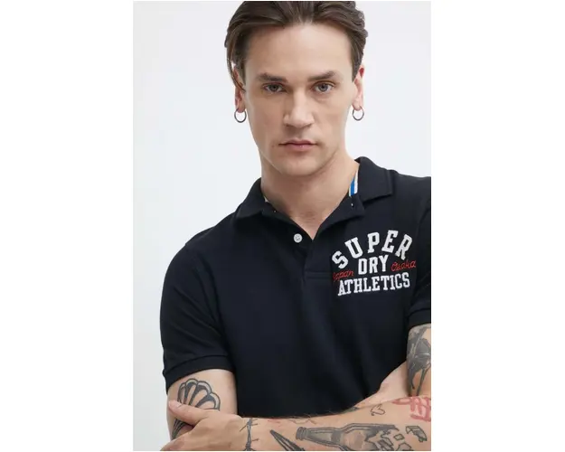 Superdry polo de bumbac culoarea negru, cu imprimeu
