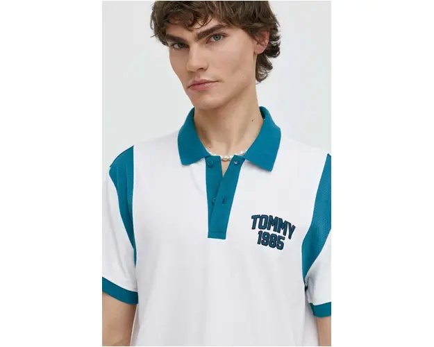Tommy Jeans polo de bumbac culoarea alb, cu model, DM0DM18919