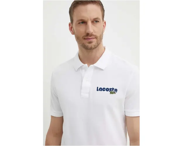 Lacoste polo de bumbac culoarea alb, cu imprimeu