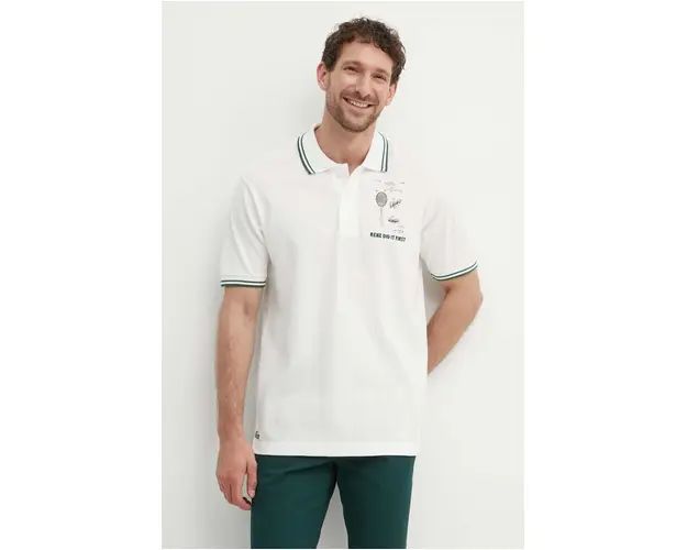 Lacoste polo de bumbac culoarea bej, cu imprimeu