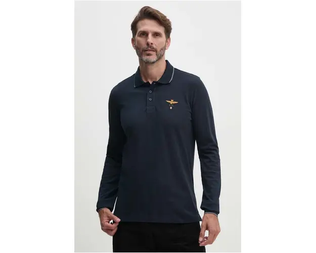 Aeronautica Militare longsleeve din bumbac culoarea albastru marin, cu imprimeu, PO1653P82