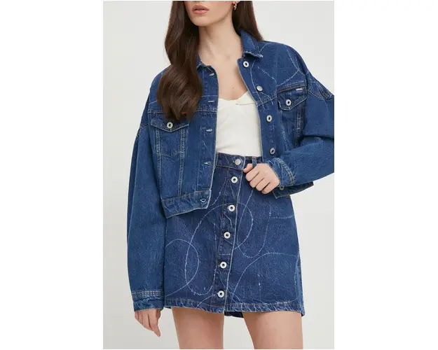 Pepe Jeans fusta jeans WINNIE LOGO culoarea albastru marin, mini, evazati
