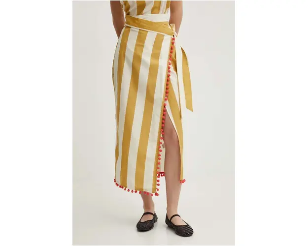 Never Fully Dressed fusta din amestec de in Jaspre Skirt culoarea bej, midi, drept, NFDSK510