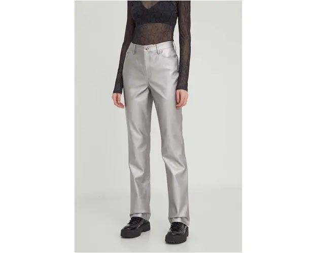 Karl Lagerfeld Jeans pantaloni femei, culoarea argintiu, drept, high waist